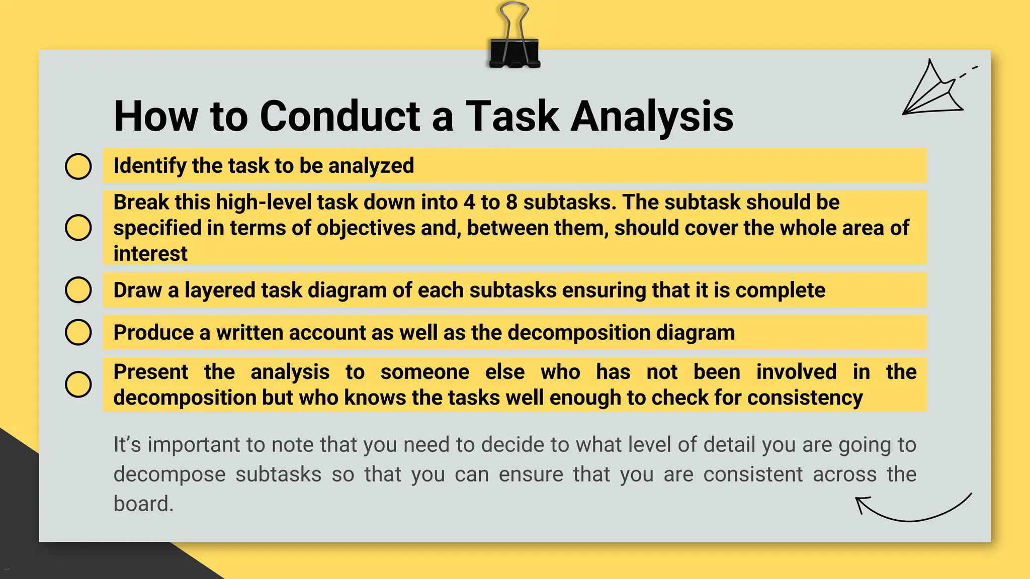 How to Conduct a Task Analysis
Identify the task to be analyzed
Break this high-level task down into 4 to 8 subtasks. The subtask should be
specified in terms of objectives and, between them, should cover the whole area of
interest
It’s important to note that you need to decide to what level of detail you are going to
decompose subtasks so that you can ensure that you are consistent across the
board.
Draw a layered task diagram of each subtasks ensuring that it is complete
Produce a written account as well as the decomposition diagram
Present the analysis to someone else who has not been involved in the
decomposition but who knows the tasks well enough to check for consistency
 