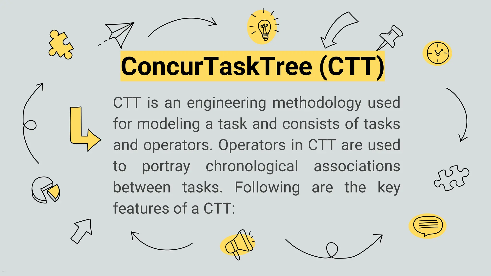 CTT is an engineering methodology used
for modeling a task and consists of tasks
and operators. Operators in CTT are used
to portray chronological associations
between tasks. Following are the key
features of a CTT:
ConcurTaskTree (CTT)
 