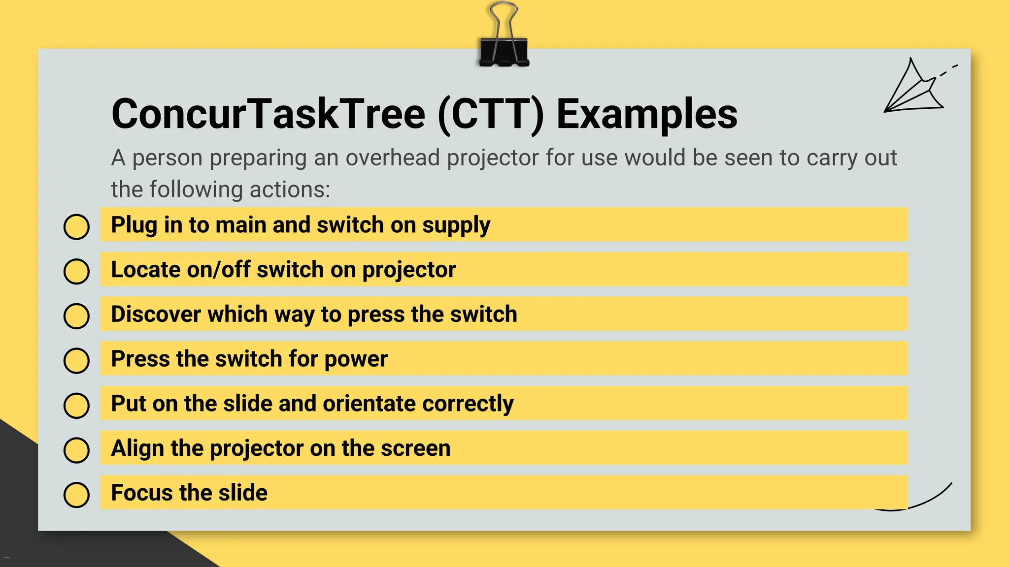 ConcurTaskTree (CTT) Examples
Plug in to main and switch on supply
Locate on/off switch on projector
A person preparing an overhead projector for use would be seen to carry out
the following actions:
Discover which way to press the switch
Press the switch for power
Put on the slide and orientate correctly
Align the projector on the screen
Focus the slide
 