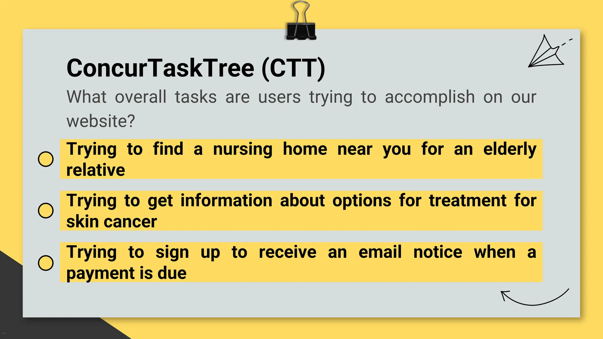 ConcurTaskTree (CTT)
Trying to find a nursing home near you for an elderly
relative
Trying to get information about options for treatment for
skin cancer
What overall tasks are users trying to accomplish on our
website?
Trying to sign up to receive an email notice when a
payment is due
 