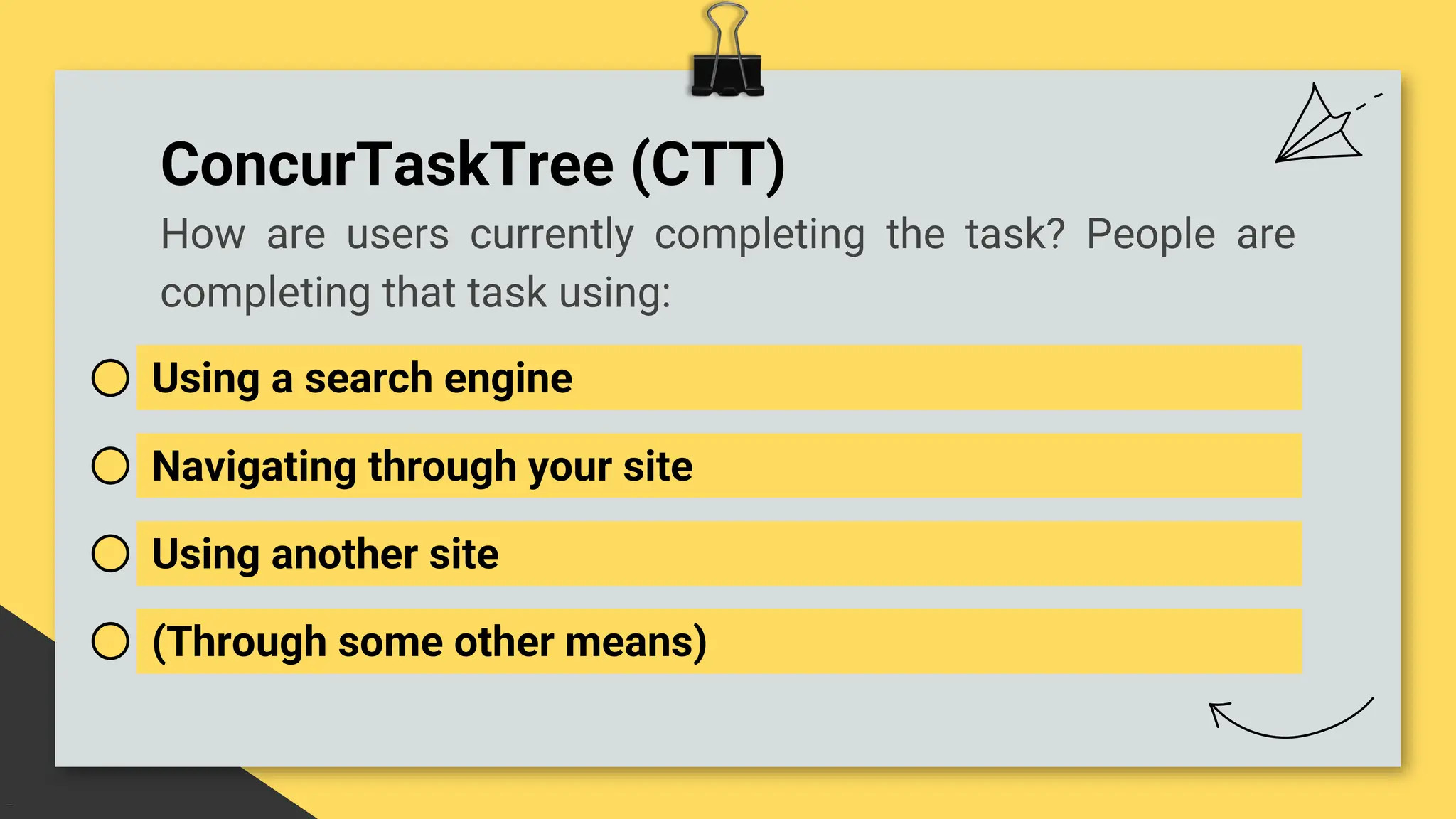 ConcurTaskTree (CTT)
Using a search engine
Navigating through your site
How are users currently completing the task? People are
completing that task using:
Using another site
(Through some other means)
 