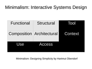 Minimalism: Interactive Systems Design


  Functional          Structural                Tool

 Composition Architectural                    Context

     Use                Access


     Minimalism: Designing Simplicity by Hartmut Obendorf
 