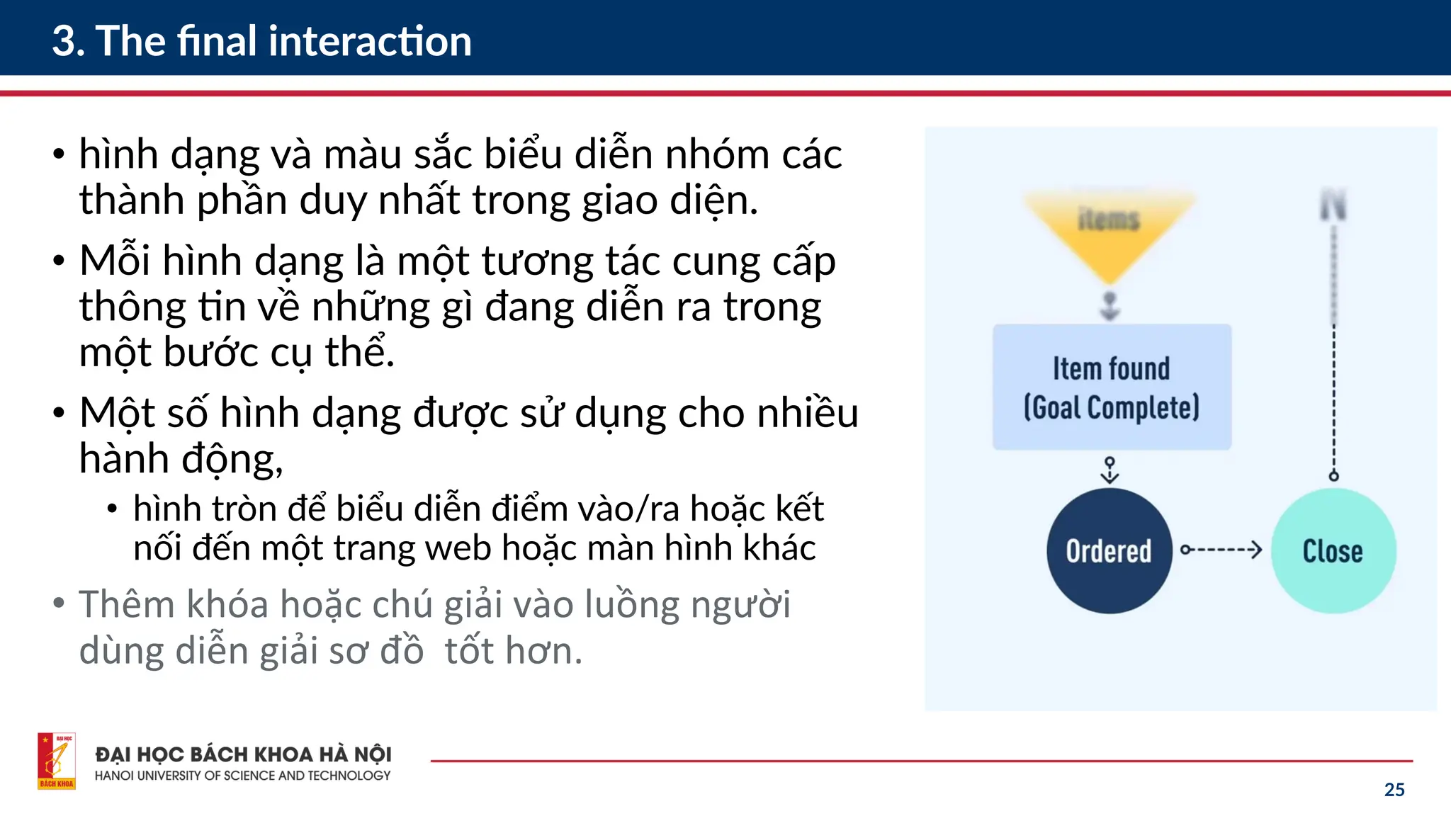 25
3. The final interaction
• hình dạng và màu sắc biểu diễn nhóm các
thành phần duy nhất trong giao diện.
• Mỗi hình dạng là một tương tác cung cấp
thông tin về những gì đang diễn ra trong
một bước cụ thể.
• Một số hình dạng được sử dụng cho nhiều
hành động,
• hình tròn để biểu diễn điểm vào/ra hoặc kết
nối đến một trang web hoặc màn hình khác
• Thêm khóa hoặc chú giải vào luồng người
dùng diễn giải sơ đồ tốt hơn.
 