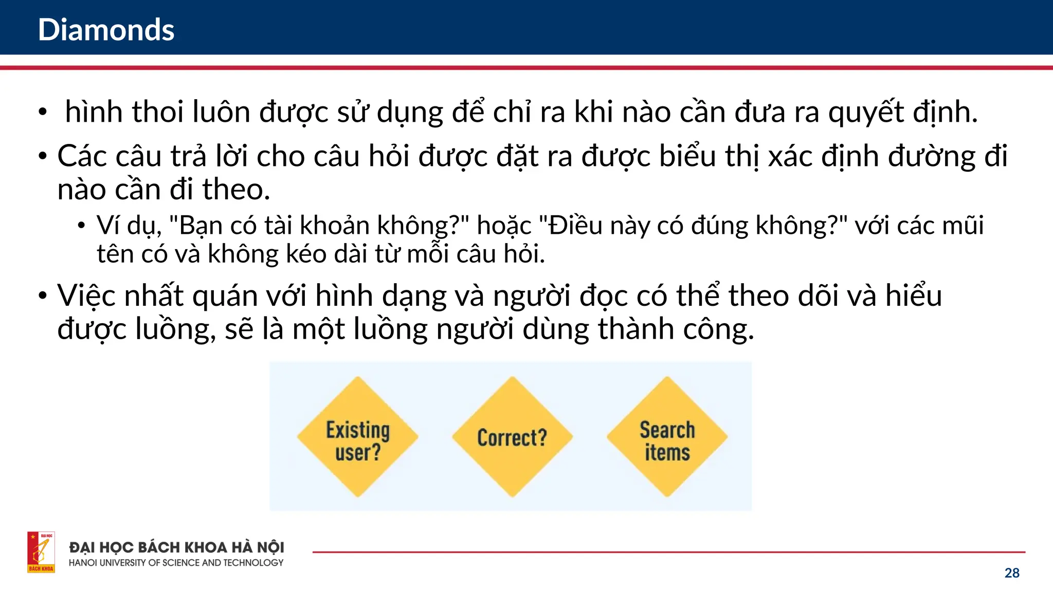 28
Diamonds
• hình thoi luôn được sử dụng để chỉ ra khi nào cần đưa ra quyết định.
• Các câu trả lời cho câu hỏi được đặt ra được biểu thị xác định đường đi
nào cần đi theo.
• Ví dụ, "Bạn có tài khoản không?" hoặc "Điều này có đúng không?" với các mũi
tên có và không kéo dài từ mỗi câu hỏi.
• Việc nhất quán với hình dạng và người đọc có thể theo dõi và hiểu
được luồng, sẽ là một luồng người dùng thành công.
 