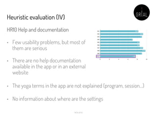 Heuristic evaluation (IV)
HR10 Help and documentation
• Few usability problems, but most of
them are serious
• There are n...