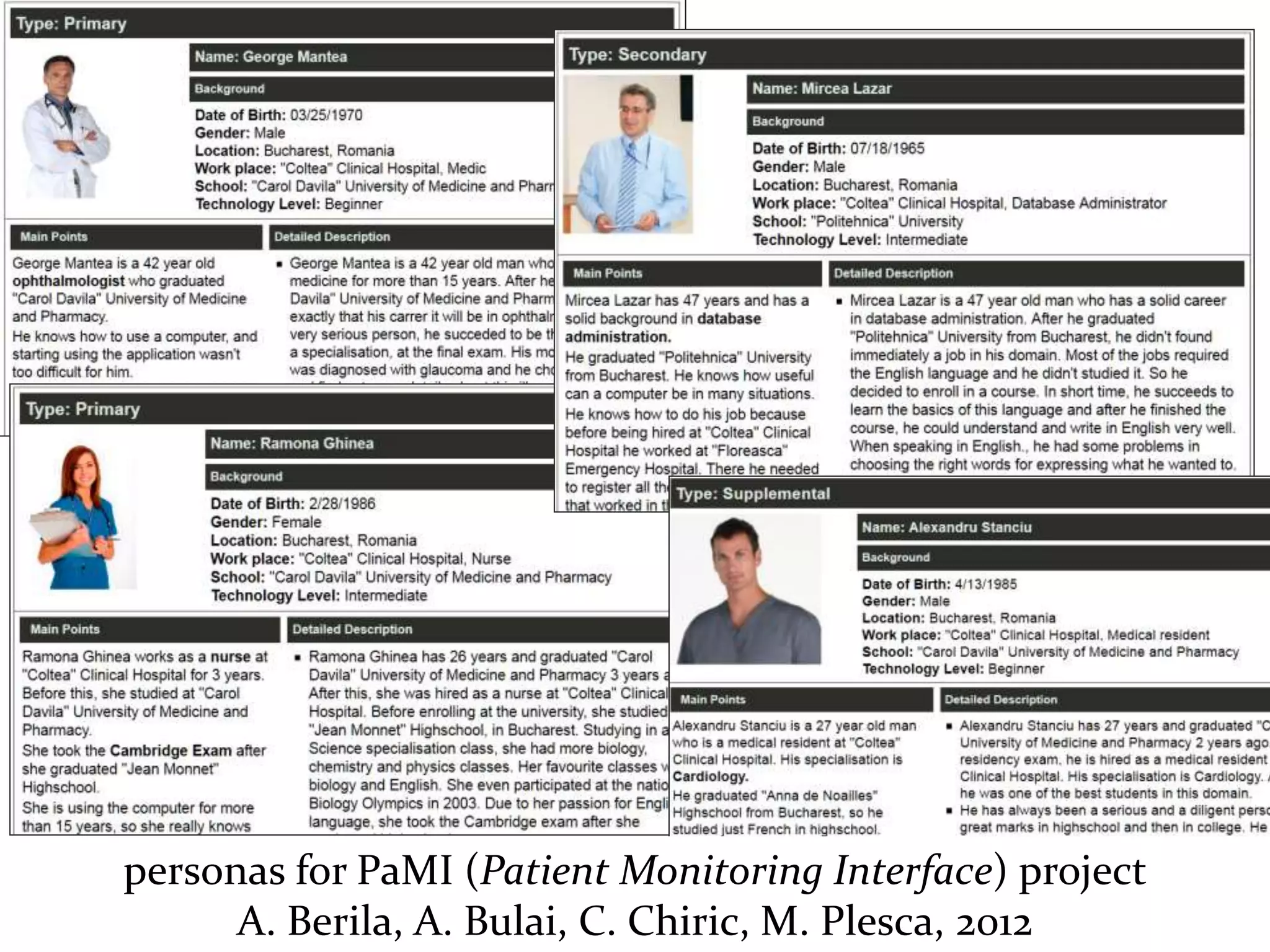 Master on Software Engineering :: Human-Computer Interaction
Dr. Sabin-Corneliu Buraga – profs.info.uaic.ro/~busaco/
personas for PaMI (Patient Monitoring Interface) project
A. Berila, A. Bulai, C. Chiric, M. Plesca, 2012
 
