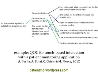 Master on Software Engineering :: Human-Computer Interaction
Dr. Sabin-Corneliu Buraga – www.purl.org/net/busaco
example: QOC for touch-based interaction
with a patient monitoring application
A. Berila, A. Bulai, C. Chiric & M. Plesca, 2012
patientmo.wordpress.com
 
