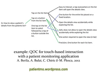 Master on Software Engineering :: Human-Computer Interaction
Dr. Sabin-Corneliu Buraga – profs.info.uaic.ro/~busaco/
example: QOC for touch-based interaction
with a patient monitoring application
A. Berila, A. Bulai, C. Chiric & M. Plesca, 2012
patientmo.wordpress.com
 