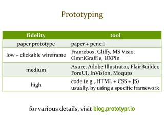 Master on Software Engineering :: Human-Computer Interaction
Dr. Sabin-Corneliu Buraga – profs.info.uaic.ro/~busaco/
Models & Methodologies
Prototyping
fidelity tool
paper prototype paper + pencil
low – clickable wireframe
Framebox, Gliffy, MS Visio,
OmniGraffle, UXPin
medium
Axure, Adobe Illustrator, FlairBuilder,
ForeUI, InVision, Moqups
high
code (e.g., HTML + CSS + JS)
usually, by using a specific framework
for various details, visit blog.prototypr.io
 
