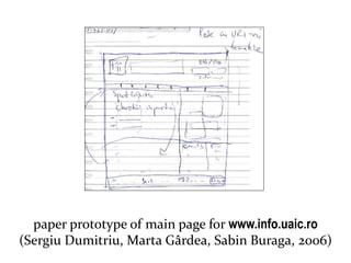 Master on Software Engineering :: Human-Computer Interaction
Dr. Sabin-Corneliu Buraga – profs.info.uaic.ro/~busaco/
paper prototype of main page for www.info.uaic.ro
(Sergiu Dumitriu, Marta Gârdea, Sabin Buraga, 2006)
 