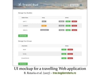 Master on Software Engineering :: Human-Computer Interaction
Dr. Sabin-Corneliu Buraga – profs.info.uaic.ro/~busaco/B. Rotariu et al. (2017) – tras.bogdanrotariu.ro
UI mockup for a travelling Web application
 