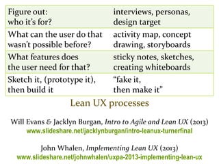 Master on Software Engineering :: Human-Computer Interaction
Dr. Sabin-Corneliu Buraga – profs.info.uaic.ro/~busaco/
Lean UX processes
Will Evans & Jacklyn Burgan, Intro to Agile and Lean UX (2013)
www.slideshare.net/jacklynburgan/intro-leanux-turnerfinal
John Whalen, Implementing Lean UX (2013)
www.slideshare.net/johnwhalen/uxpa-2013-implementing-lean-ux
Figure out:
who it’s for?
interviews, personas,
design target
What can the user do that
wasn’t possible before?
activity map, concept
drawing, storyboards
What features does
the user need for that?
sticky notes, sketches,
creating whiteboards
Sketch it, (prototype it),
then build it
“fake it,
then make it”
 