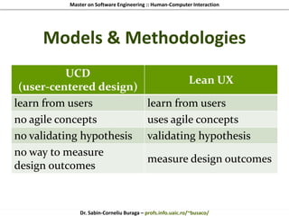Master on Software Engineering :: Human-Computer Interaction
Dr. Sabin-Corneliu Buraga – profs.info.uaic.ro/~busaco/
Models & Methodologies
UCD
(user-centered design)
Lean UX
learn from users learn from users
no agile concepts uses agile concepts
no validating hypothesis validating hypothesis
no way to measure
design outcomes
measure design outcomes
 
