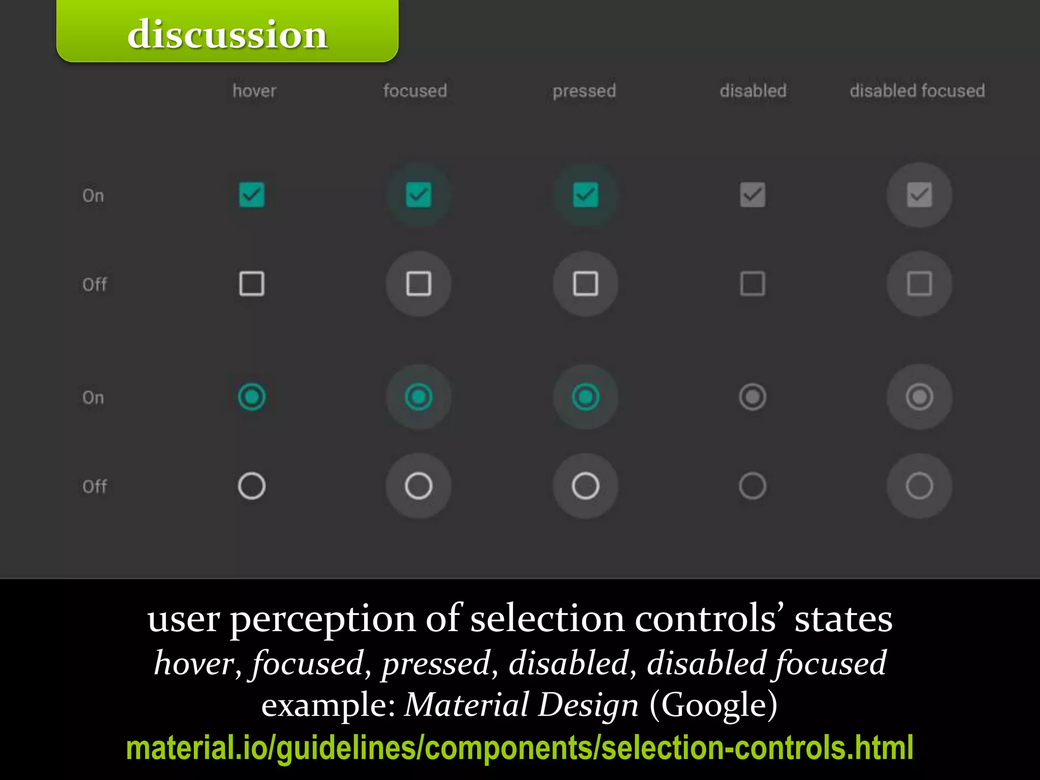 Master on Software Engineering :: Human-Computer Interaction
Dr. Sabin-Corneliu Buraga – profs.info.uaic.ro/~busaco/
user perception of selection controls’ states
hover, focused, pressed, disabled, disabled focused
example: Material Design (Google)
material.io/guidelines/components/selection-controls.html
discussion
 