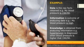 EXAMPLE:
Data is the raw facts
obtained e.g. My blood
pressure is 150/90.
Information is outcome of
analyzing data e.g.: My
blood pressure is high.
Knowledge is obtained from
analyzing information e.g.
hypertension is diagnosed
when blood pressure is
higher that 150/90.

 