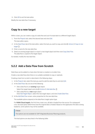 6. Click OK to exit the task editor.
Modify the new data flow if necessary.
Copy to a new target
Within a task, you can create a copy of a data flow and use it to load data to a different target object.
1. From the Projects tab, select the desired task and click Edit.
The task editor opens.
2. In the Data Flows tab of the task editor, select the task you want to copy and click Actions Copy to new
target .
3. Enter a name for the new data flow.
4. Select an existing target object or import a new target object and then click Copy Data Flow.
The data flow is copied to the target object.
As needed, modify the new data flow.
5.2.2 Add a Data Flow from Scratch
Data flows can be added to a task when the task is created or at a later time.
Create a new data flow when there is no suitable candidate to copy or replicate.
Creating a task from scratch is described in the following steps:
1. In the Projects tab, select the task you want to add the data flow to and click Edit.
2. In the Data Flows tab, do one of the following:
• Add a data flow to an existing target object.
Select the target object and click Actions Add data flow .
• Add a data flow to a new target object.
Click Add Target Object, select the new target object, and click Create Data Flow.
3. In the Add Data Flow screen, enter properties for the new data flow.
The available options depend on the data flow's target option type.
For HANA Cloud targets, the first time a task runs, all data is loaded from the source. For subsequent
runs, the load option determines how the original data is treated. Based on the application the data is being
loaded to, some options may not be available.
 Note
The options are not available for SAP Integrated Business Planning products.
The load options are described in the following table:
Help Center for SAP Cloud Integration for data services
Data Flows PUBLIC 163
 