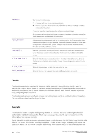 <timeout> Wait timeout in milliseconds.
• If timeout is 0, then the function doesn’t block.
• If timeout is -1, then the function waits indefinitely for at least one file to exist that
matches the file pattern.
If you enter any other negative value, the software considers it illegal.
On a computer where millisecond timing accuracy isn’t available, timeout is rounded up
to the nearest legal value available on that system.
<poll_interval> Polling interval in milliseconds to look for the existence of the file. On a computer where
millisecond timing accuracy isn’t available, the polling interval is rounded up to the near­
est legal value available on that system. If the poll interval exceeds the timeout value,
then, it is rounded up to time out value.
<max_match > Optional. Specifies the maximum number of matched file names that the function re­
turns. The default value is 0. -1 specifies that the function return all the matched file
names.
< file_name_list > Optional. Output varchar variable that returns the list of matched file names. Order of
the file names in the list is determined by the way the operating system returns the file
names.
< list_size> Optional. Output integer variable that returns the list size.
<list_separator> Optional. File name list separator character(s). Default value is comma (,).
Details
This function looks for the specified file pattern in the file system. If it doesn’t find the file(s), it waits for
the specified timeout period, polling for the file(s) at every polling interval. The value specified in poll_interval
determines how often to poll for the file pattern until timeout is reached. After timeout, the task or process
stops, and polling for the file ceases.
This function waits a maximum of up to timeout interval for at least one file to exist that matches the pattern.
Poll interval determines how often to poll for files.
Example
This function is used in a script at the beginning of a task. In a process, the script containing this function
is often added right before a source file. A task or process suspends until a file is present, as shown in the
following business use case example:
During the night, an external program puts source files in a central location that SAP Cloud Integration for data
services can access. The process is usually complete at 1:00 AM or later. Tonight, however, you schedule the
job to start at 1:00 AM. You include a script in the first step of the job that checks for the existence of the last
372 PUBLIC
Help Center for SAP Cloud Integration for data services
Scripts and Functions
 