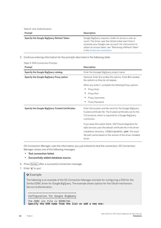 Table 8: User Authentication
Prompt Description
Specify the Google BigQuery Refresh Token Google BigQuery requires a token to access a user ac­
count. The driver uses the refresh token each time it
accesses your Google user account. For instructions to
obtain an access token, see “Retrieving a Refresh Token”
in the Simba documentation.
5. Continue entering information for the prompts described in the following table:
Table 9: DSN Connection Prompts
Prompt Description
Specify the Google BigQuery catalog Enter the Gooogle BigQuery project name.
Specify the Google BigQuery Proxy option Optional. Enter 1 to enable the options. Enter 0 to disable
the options so they do not appear.
When you enter 1, complete the following Proxy options:
• Proxy Host
• Proxy Port
• Proxy Username
• Proxy Password
Specify the Google BigQuery Trusted Certificates Enter the location and file name for the Google BigQuery
trusted certificate file. The trusted certificates are for the
TLS protocol, which is required for a Google BigQuery
connection.
If you leave this option blank, SAP Cloud Integration for
data services uses the default certificate file in the driver
installation directory: /lib/cacerts.pem. The exact
file path varies based on the version of the driver installed
driver.
DS Connection Manager uses the information you just entered to test the connection. DS Connection
Manager shows one of the following messages:
• Test connection failed.
• Successfully added database source.
6. Press Enter after a successful connection message.
7. Enter 'q' to quit.
 Example
The following is an example of the DS Connection Manager prompts for configuring a DSN for the
Simba ODBC driver for Google BigQuery. The example shows options for the OAuth mechanism,
Service Authentication.
*********************************
Configuration for Google BigQuery
*********************************
The ODBC ini file is $ODBCINI
Specify the DSN name from the list or add a new one:
60 PUBLIC
Help Center for SAP Cloud Integration for data services
Datastores
 