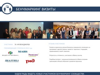 БЕНЧМАРКИНГ ВИЗИТЫ

УЧАСТНИКИ: 70 HR МЕНЕДЖЕРОВ
ПРИНИМАЮЩИЕ СТОРОНЫ В 2013 ГОДУ

ОТЗЫВЫ УЧАСТНИКОВ
Схожесть проектов из разных бизнесов, возможность посмотреть на
программы с другой стороны, провести параллель с подходом,
применяемым в своей компании
Открытость и готовность участников к обмену опытом
Подобные встречи – уникальная возможность обмена лучшими
практиками в области обучения и развития персонала.

БУДЕМ РАДЫ ВИДЕТЬ НОВЫХ УЧАСТНИКОВ БЕНЧМАРКИНГ-СООБЩЕСТВА

 