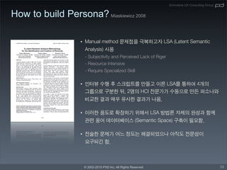 Innovative UX Consulting Group


How to build Persona? Miaskiewicz 2008

                   •




                   •




                   •



                   •




                       © 2002-2010 PXD Inc. All Rights Reserved                                    33
 