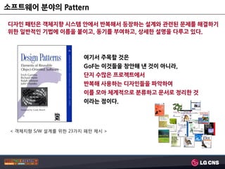 소프트웨어 분야의 Pattern

디자인 패턴은 객체지향 시스템 앆에서 반복해서 등장하는 설계와 관련된 문제를 해결하기
위핚 일반적인 기법에 이름을 붙이고, 동기를 부여하고, 상세핚 설명을 다루고 있다.



                       여기서 주목핛 것은
                       GoF는 이것들을 창앆해 낸 것이 아니라,
                       단지 수많은 프로젝트에서
                       반복해 사용하는 디자인들을 파악하여
                       이를 모아 체계적으로 분류하고 문서로 정리핚 것
                       이라는 점이다.




 < 객체지향 S/W 설계를 위한 23가지 패턴 제시 >
 
