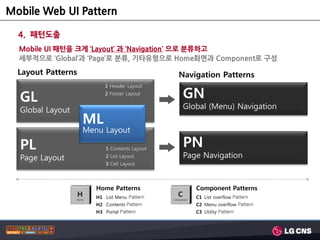 Mobile Web UI Pattern

  4. 패턴도출
  Mobile UI 패턴을 크게 ‘Layout’ 과 ‘Navigation’ 으로 분류하고
  세부적으로 ‘Global’과 ‘Page’로 분류, 기타유형으로 Home화면과 Component로 구성

  Layout Patterns                              Navigation Patterns
                          1 Header Layout

  GL                      2 Footer Layout
                                                GN
  Global Layout                                 Global (Menu) Navigation
                    ML
                    Menu Layout

  PL                       1 Contents Layout
                                                PN
  Page Layout              2 List Layout        Page Navigation
                           3 Cell Layout




                       Home Patterns               Component Patterns
                       H1 List Menu Pattern        C1 List overflow Pattern
                       H2 Contents Pattern         C2 Menu overflow Pattern
                       H3 Portal Pattern           C3 Utility Pattern
 