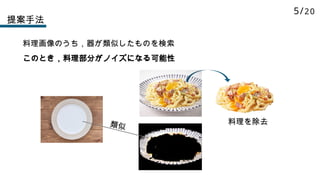 提案手法
5/20
料理画像のうち，器が類似したものを検索
このとき，料理部分がノイズになる可能性
料理を除去
類似
 
