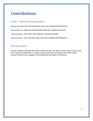 6 
 
Contributions  
 
Team 5 – Interaction Design Demons 
 
Afolake Oritsejafor–POST TEST QUESTIONS, EXECUTIVE SUMMARY/METHODOLOGY 
Kathryn Wozniak –EXECUTIVE SUMMARY/METHODOLOGY, COMPILER & EDITOR 
Joseph Howerton –TEST SCRIPT, METHODOLOGY, PROJECT MANAGER 
Oksana Kresnina – POST TASK QUESTIONS, EXECUTIVE SUMMARY/METHODOLOGY 
 
Brief Description  
 
All team members attended two project conference calls, each about an hour long. During the calls, 
team members collaborated on, viewed, critiqued and discussed every portion of the project.  
All team members were engaged in the drafting and final review of the project. 
 