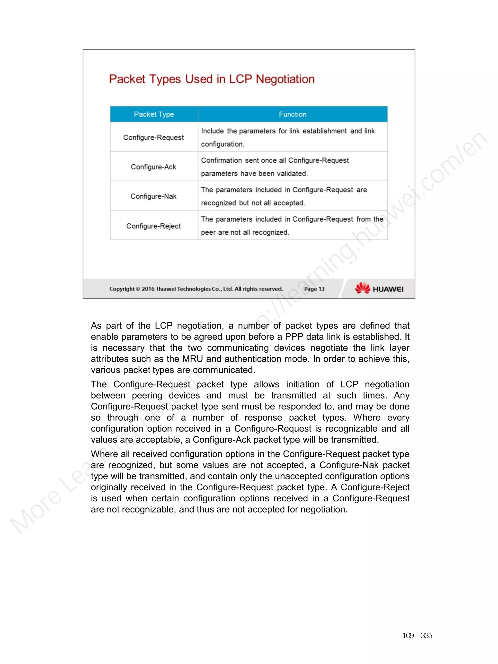 As part of the LCP negotiation, a number of packet types are defined that
enable parameters to be agreed upon before a PPP data link is established. It
is necessary that the two communicating devices negotiate the link layer
attributes such as the MRU and authentication mode. In order to achieve this,
various packet types are communicated.
The Configure-Request packet type allows initiation of LCP negotiation
between peering devices and must be transmitted at such times. Any
Configure-Request packet type sent must be responded to, and may be done
so through one of a number of response packet types. Where every
configuration option received in a Configure-Request is recognizable and all
values are acceptable, a Configure-Ack packet type will be transmitted.
Where all received configuration options in the Configure-Request packet type
are recognized, but some values are not accepted, a Configure-Nak packet
type will be transmitted, and contain only the unaccepted configuration options
originally received in the Configure-Request packet type. A Configure-Reject
is used when certain configuration options received in a Configure-Request
are not recognizable, and thus are not accepted for negotiation.
109／335
M
ore Learning
Resources: http://learning.huawei.com
/en
 