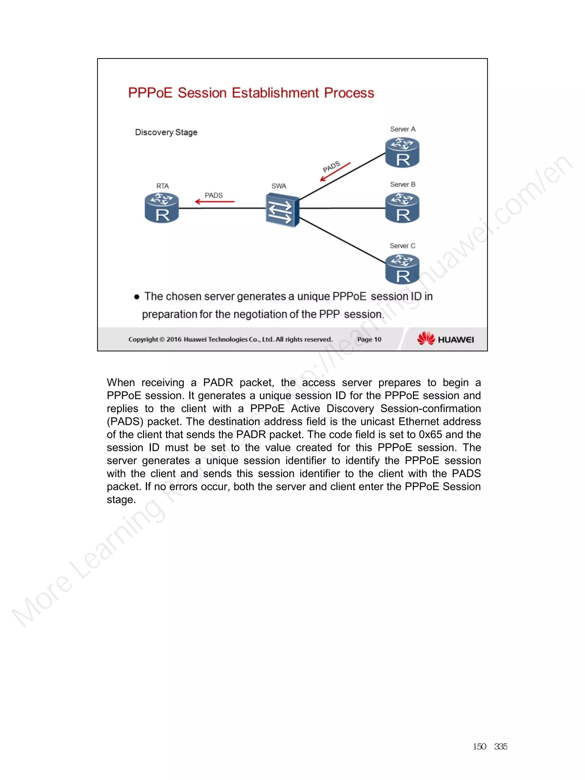 When receiving a PADR packet, the access server prepares to begin a
PPPoE session. It generates a unique session ID for the PPPoE session and
replies to the client with a PPPoE Active Discovery Session-confirmation
(PADS) packet. The destination address field is the unicast Ethernet address
of the client that sends the PADR packet. The code field is set to 0x65 and the
session ID must be set to the value created for this PPPoE session. The
server generates a unique session identifier to identify the PPPoE session
with the client and sends this session identifier to the client with the PADS
packet. If no errors occur, both the server and client enter the PPPoE Session
stage.
150／335
M
ore Learning
Resources: http://learning.huawei.com
/en
 