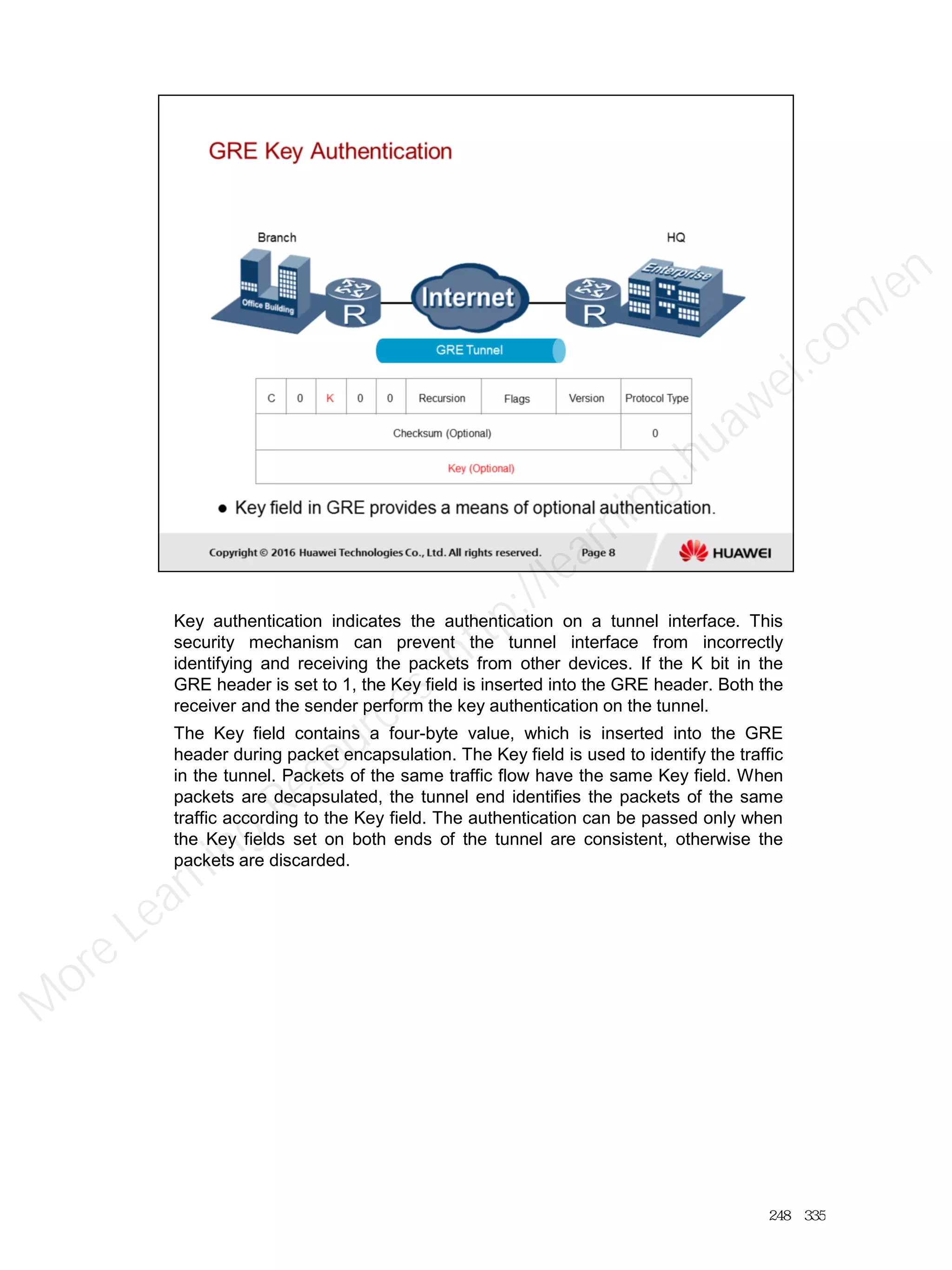 Key authentication indicates the authentication on a tunnel interface. This
security mechanism can prevent the tunnel interface from incorrectly
identifying and receiving the packets from other devices. If the K bit in the
GRE header is set to 1, the Key field is inserted into the GRE header. Both the
receiver and the sender perform the key authentication on the tunnel.
The Key field contains a four-byte value, which is inserted into the GRE
header during packet encapsulation. The Key field is used to identify the traffic
in the tunnel. Packets of the same traffic flow have the same Key field. When
packets are decapsulated, the tunnel end identifies the packets of the same
traffic according to the Key field. The authentication can be passed only when
the Key fields set on both ends of the tunnel are consistent, otherwise the
packets are discarded.
248／335
M
ore Learning
Resources: http://learning.huawei.com
/en
 