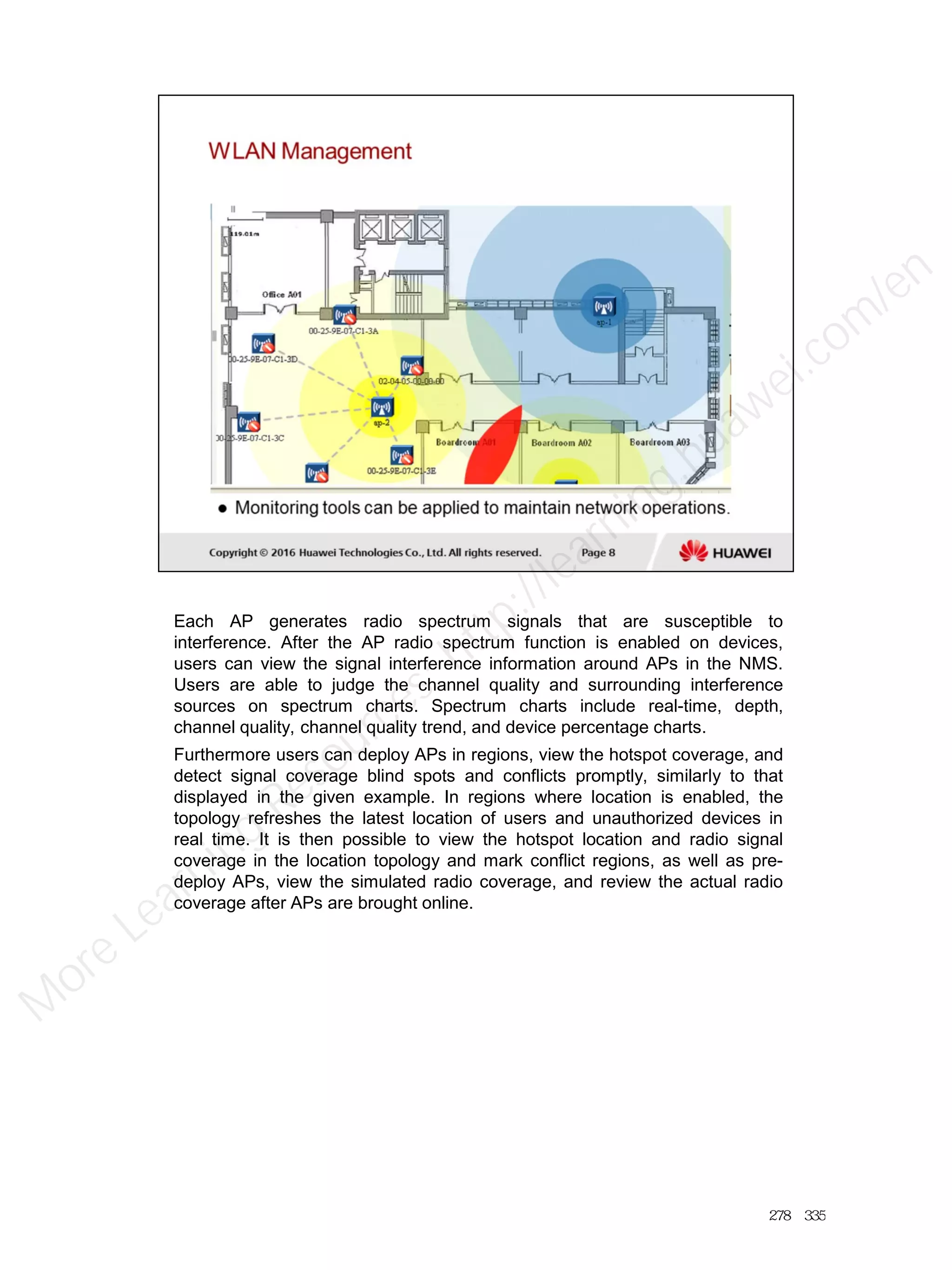 Each AP generates radio spectrum signals that are susceptible to
interference. After the AP radio spectrum function is enabled on devices,
users can view the signal interference information around APs in the NMS.
Users are able to judge the channel quality and surrounding interference
sources on spectrum charts. Spectrum charts include real-time, depth,
channel quality, channel quality trend, and device percentage charts.
Furthermore users can deploy APs in regions, view the hotspot coverage, and
detect signal coverage blind spots and conflicts promptly, similarly to that
displayed in the given example. In regions where location is enabled, the
topology refreshes the latest location of users and unauthorized devices in
real time. It is then possible to view the hotspot location and radio signal
coverage in the location topology and mark conflict regions, as well as pre-
deploy APs, view the simulated radio coverage, and review the actual radio
coverage after APs are brought online.
278／335
M
ore Learning
Resources: http://learning.huawei.com
/en
 