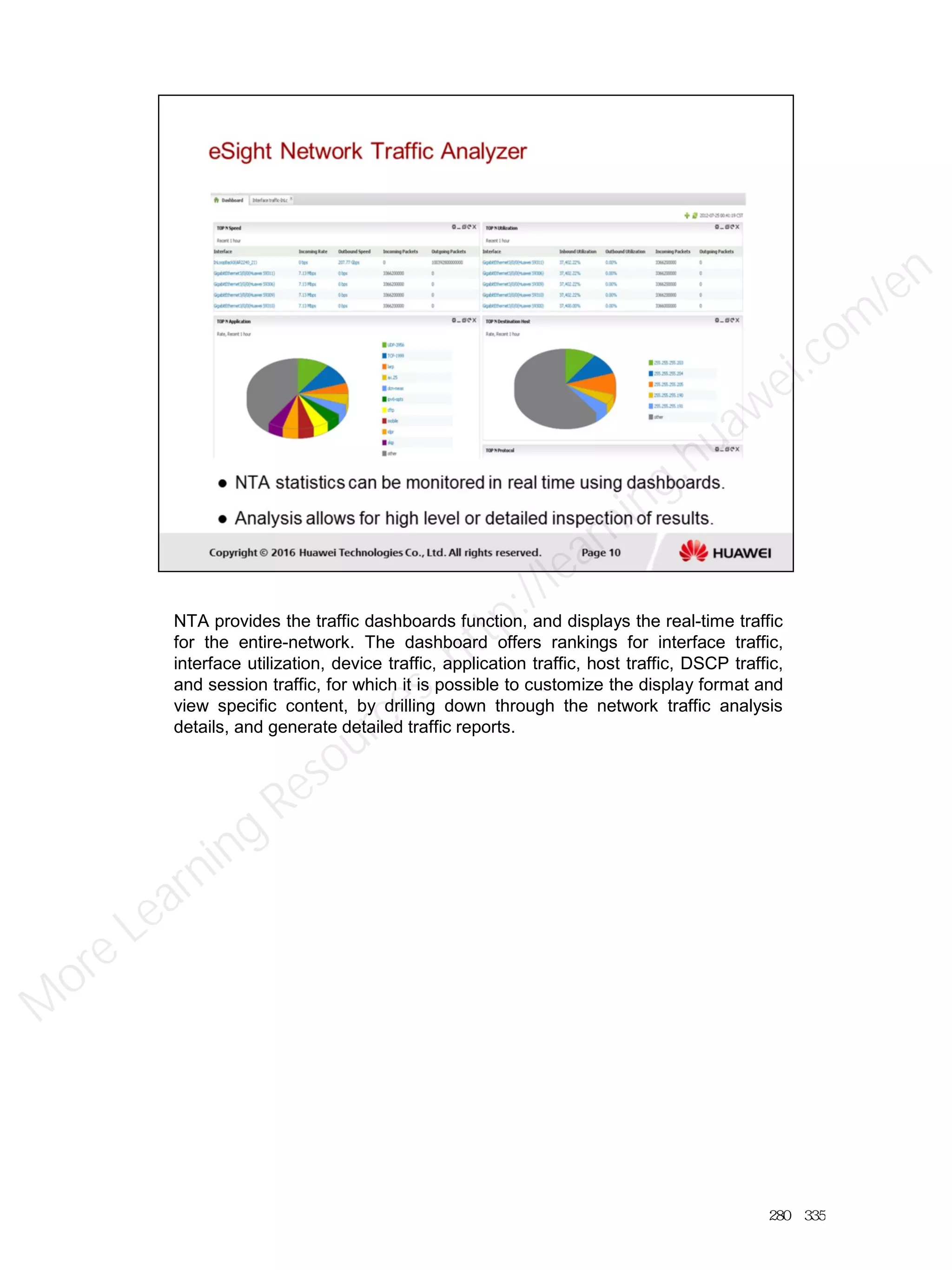 NTA provides the traffic dashboards function, and displays the real-time traffic
for the entire-network. The dashboard offers rankings for interface traffic,
interface utilization, device traffic, application traffic, host traffic, DSCP traffic,
and session traffic, for which it is possible to customize the display format and
view specific content, by drilling down through the network traffic analysis
details, and generate detailed traffic reports.
280／335
M
ore Learning
Resources: http://learning.huawei.com
/en
 