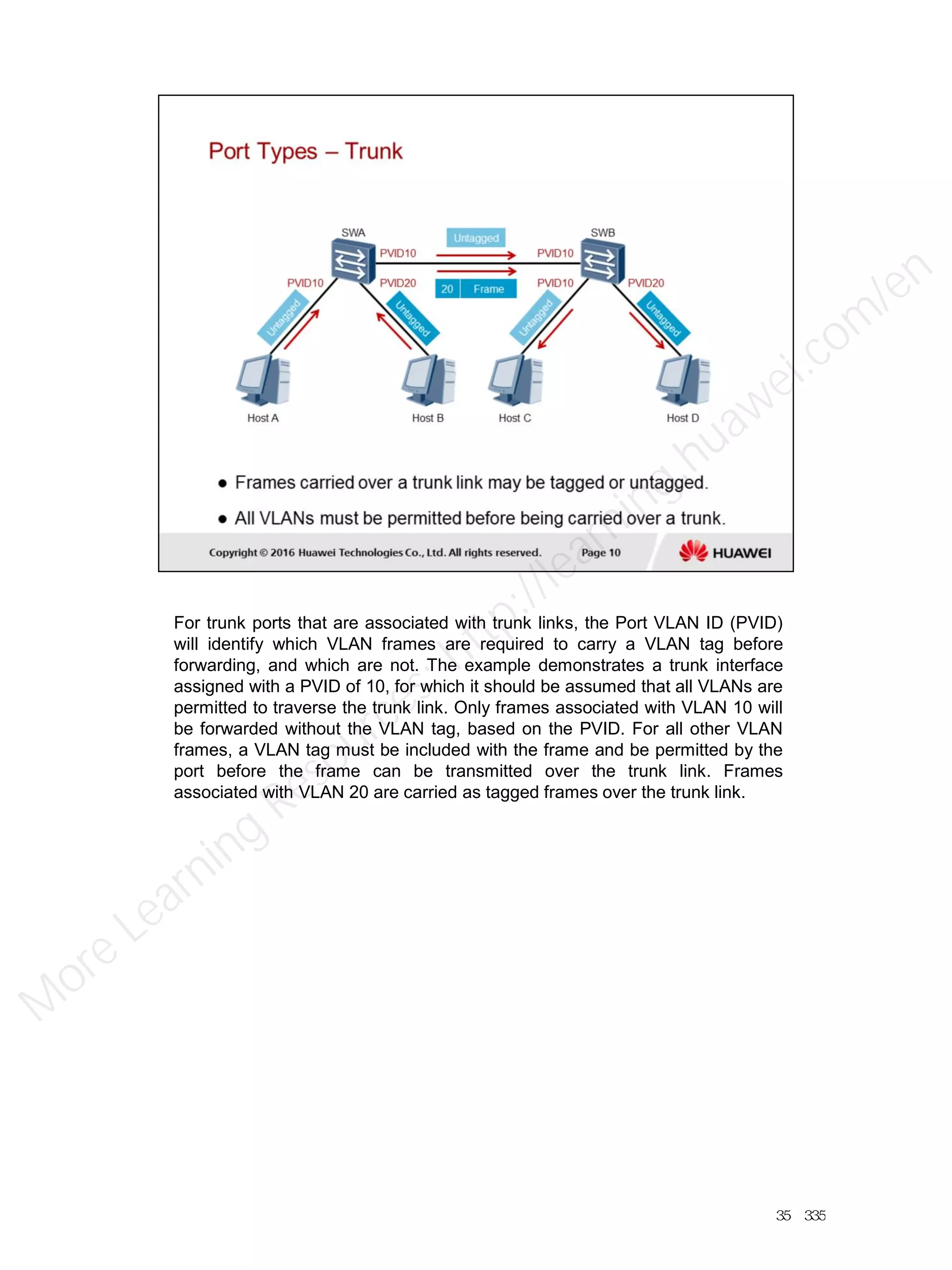 For trunk ports that are associated with trunk links, the Port VLAN ID (PVID)
will identify which VLAN frames are required to carry a VLAN tag before
forwarding, and which are not. The example demonstrates a trunk interface
assigned with a PVID of 10, for which it should be assumed that all VLANs are
permitted to traverse the trunk link. Only frames associated with VLAN 10 will
be forwarded without the VLAN tag, based on the PVID. For all other VLAN
frames, a VLAN tag must be included with the frame and be permitted by the
port before the frame can be transmitted over the trunk link. Frames
associated with VLAN 20 are carried as tagged frames over the trunk link.
35／335
M
ore Learning
Resources: http://learning.huawei.com
/en
 