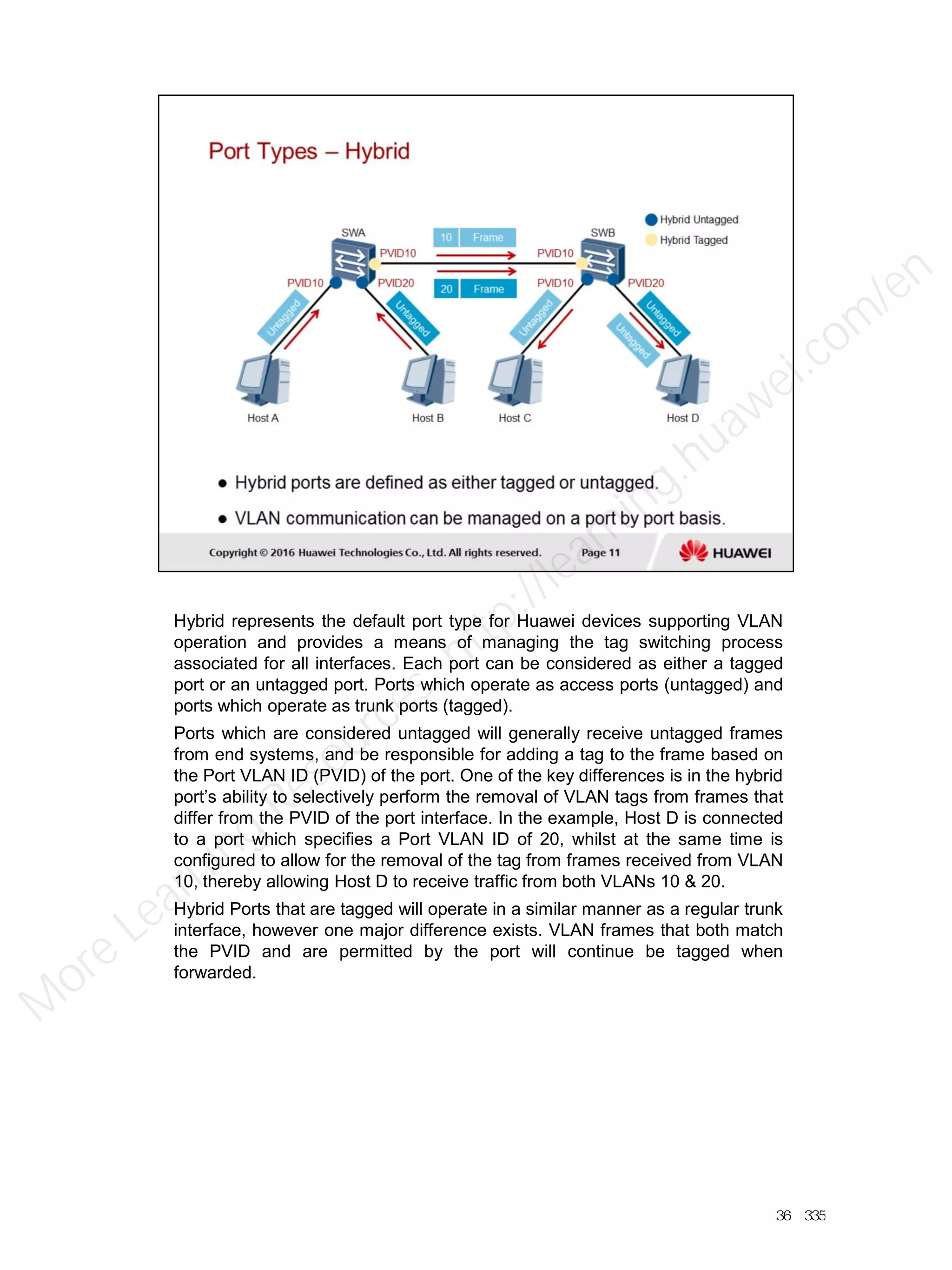 Hybrid represents the default port type for Huawei devices supporting VLAN
operation and provides a means of managing the tag switching process
associated for all interfaces. Each port can be considered as either a tagged
port or an untagged port. Ports which operate as access ports (untagged) and
ports which operate as trunk ports (tagged).
Ports which are considered untagged will generally receive untagged frames
from end systems, and be responsible for adding a tag to the frame based on
the Port VLAN ID (PVID) of the port. One of the key differences is in the hybrid
port’s ability to selectively perform the removal of VLAN tags from frames that
differ from the PVID of the port interface. In the example, Host D is connected
to a port which specifies a Port VLAN ID of 20, whilst at the same time is
configured to allow for the removal of the tag from frames received from VLAN
10, thereby allowing Host D to receive traffic from both VLANs 10 & 20.
Hybrid Ports that are tagged will operate in a similar manner as a regular trunk
interface, however one major difference exists. VLAN frames that both match
the PVID and are permitted by the port will continue be tagged when
forwarded.
36／335
M
ore Learning
Resources: http://learning.huawei.com
/en
 
