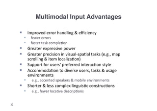 Multimodal Input Advantages!

       Improved	
  error	
  handling	
  &	
  eﬃciency	
  
         fewer	
  errors	
  
   ...