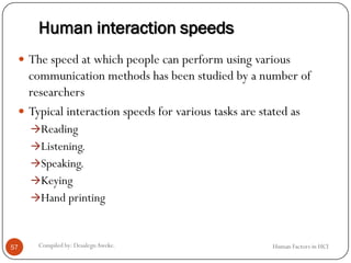 Human interaction speeds
 The speed at which people can perform using various
communication methods has been studied by a number of
researchers
 Typical interaction speeds for various tasks are stated as
Reading
Listening.
Speaking.
Keying
Hand printing
57 Compiled by: DesalegnAweke. Human Factors in HCI
 