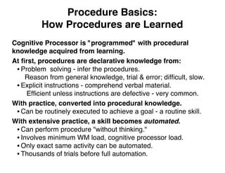 Procedure Basics:
How Procedures are Learned
Cognitive Processor is "programmed" with procedural
knowledge acquired from learning.
At ﬁrst, procedures are declarative knowledge from:
• Problem solving - infer the procedures.
Reason from general knowledge, trial & error; difﬁcult, slow.
• Explicit instructions - comprehend verbal material.
Efﬁcient unless instructions are defective - very common.
With practice, converted into procedural knowledge.
• Can be routinely executed to achieve a goal - a routine skill.
With extensive practice, a skill becomes automated.
• Can perform procedure "without thinking."
• Involves minimum WM load, cognitive processor load.
• Only exact same activity can be automated.
• Thousands of trials before full automation.
 