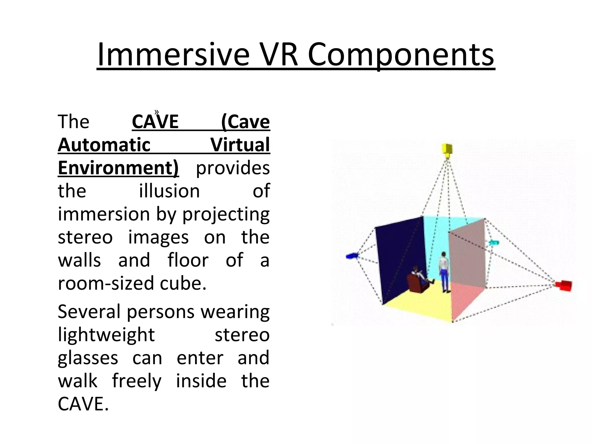 Immersive VR Components
»
The CAVE (Cave
Automatic Virtual
Environment) provides
the illusion of
immersion by projecting
stereo images on the
walls and floor of a
room-sized cube.
Several persons wearing
lightweight stereo
glasses can enter and
walk freely inside the
CAVE.
 