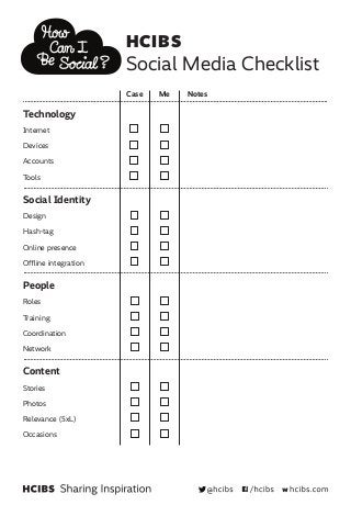 HCIBS
                      Social Media Checklist
                      Case   Me   Notes

Technology
Internet

Devices

Accounts

Tools


Social Identity
Design

Hash-tag

Online presence

Offline integration


People
Roles

Training

Coordination

Network


Content
Stories

Photos

Relevance (5xL)

Occasions
 