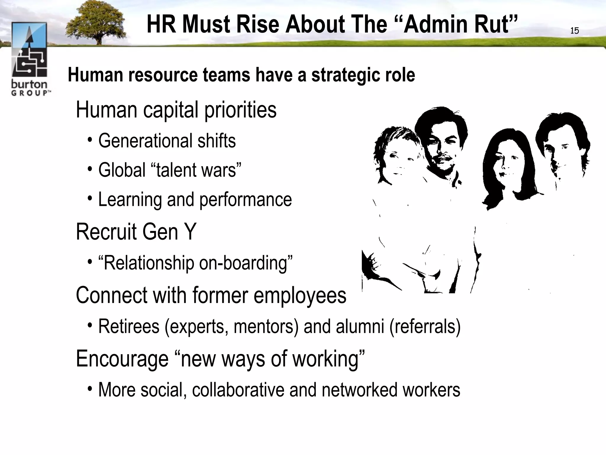 HR Must Rise About The “Admin Rut” Human resource teams have a strategic role Human capital priorities Generational shifts Global “talent wars”  Learning and performance  Recruit Gen Y “ Relationship on-boarding”  Connect with former employees Retirees (experts, mentors) and alumni (referrals)  Encourage “new ways of working” More social, collaborative and networked workers 