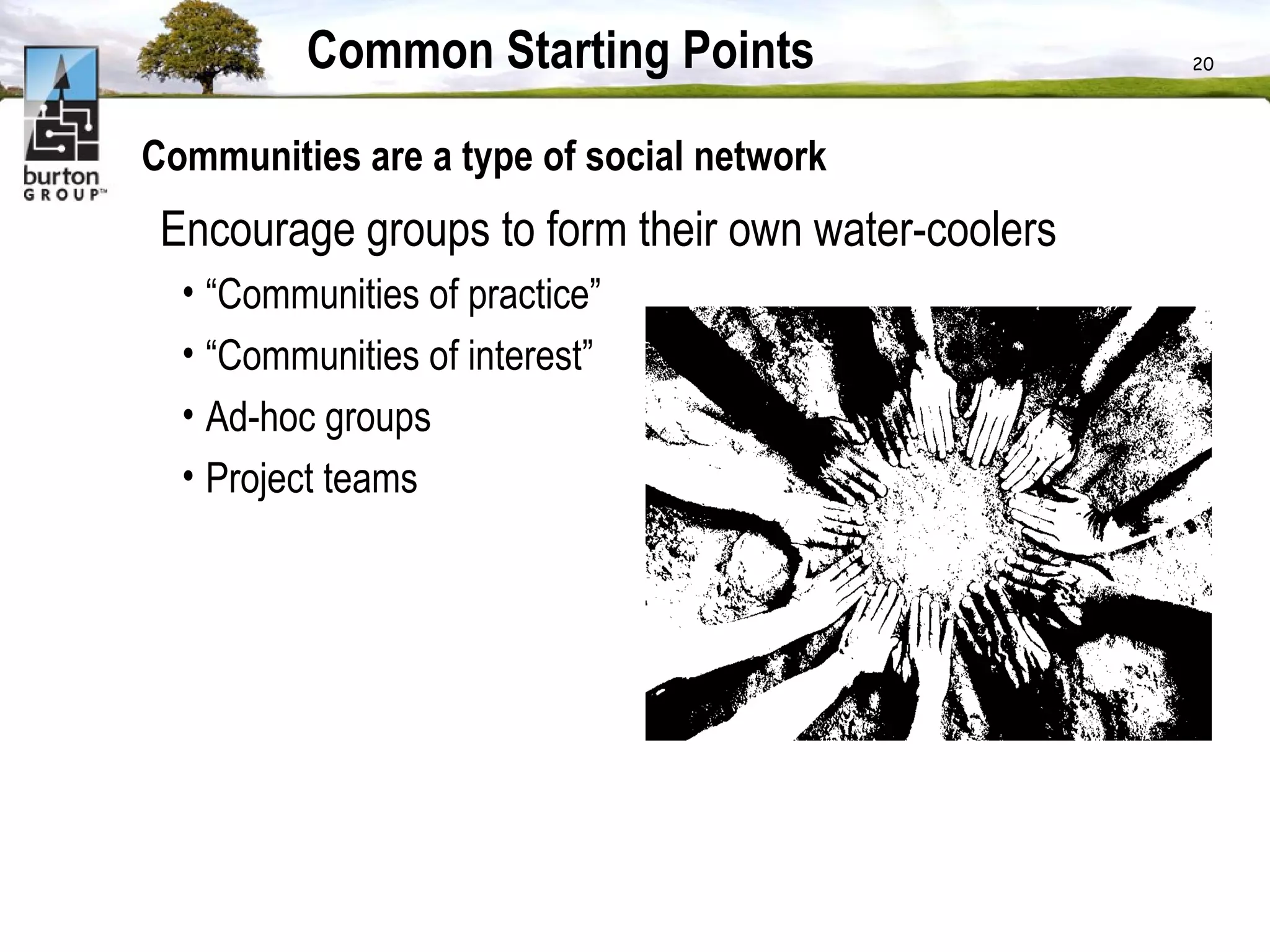 Common Starting Points Communities are a type of social network Encourage groups to form their own water-coolers “ Communities of practice” “ Communities of interest” Ad-hoc groups Project teams  