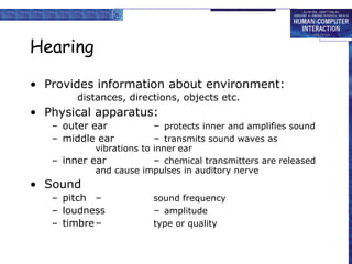 Hearing
• Provides information about environment:
distances, directions, objects etc.
• Physical apparatus:
– outer ear – protects inner and amplifies sound
– middle ear – transmits sound waves as
vibrations to inner ear
– inner ear – chemical transmitters are released
and cause impulses in auditory nerve
• Sound
– pitch – sound frequency
– loudness – amplitude
– timbre– type or quality
 