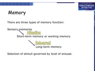 Memory
There are three types of memory function:
Sensory memories
Short-term memory or working memory
Long-term memory
Selection of stimuli governed by level of arousal.
 