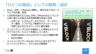 8
© Copyright 2016 EMC Corporation. All rights reserved.
「ひとつの製品」としての開発・設計
•  Cisco、EMC、VMwareと連携し、数年先までのロード
マップを計画、実現
•  1,000名を超える Cisco, EMC, VMwareのエンジニア
と数⼗億ドルを超える研究開発費を有効に活⽤
–  VCEには、システムアーキテクチャ、データセン
ター運⽤、ソフトウエア開発やアプリケーション
分野におけるエキスパートの⼈員を確保
•  エンジニアリングにおける確固とした標準化とライフ
サイクルマネージメントを確⽴しています。
–  包括的な統合システムのデザインおよび構築分野
–  RCMの提供
•  ミッションクリティカルなシステムにおけるアプリ
ケーションデザイン、テストおよび最適化
システムの拡張性、可⽤性、柔軟性
を実現するための設計
単⼀ベンダーとしてのシンプル化
 