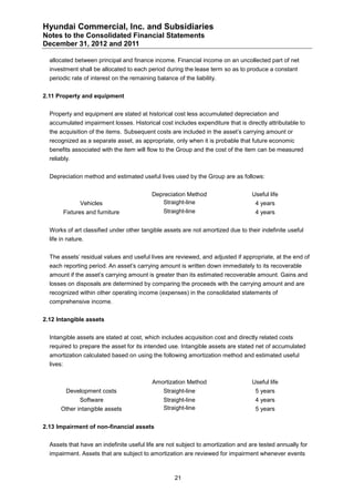 Hyundai Commercial, Inc. and Subsidiaries
Notes to the Consolidated Financial Statements
December 31, 2012 and 2011

  allocated between principal and finance income. Financial income on an uncollected part of net
  investment shall be allocated to each period during the lease term so as to produce a constant
  periodic rate of interest on the remaining balance of the liability.


2.11 Property and equipment


  Property and equipment are stated at historical cost less accumulated depreciation and
  accumulated impairment losses. Historical cost includes expenditure that is directly attributable to
  the acquisition of the items. Subsequent costs are included in the asset’s carrying amount or
  recognized as a separate asset, as appropriate, only when it is probable that future economic
  benefits associated with the item will flow to the Group and the cost of the item can be measured
  reliably.


  Depreciation method and estimated useful lives used by the Group are as follows:


                                           Depreciation Method                    Useful life
                 Vehicles                     Straight-line                        4 years
           Fixtures and furniture               Straight-line                      4 years


  Works of art classified under other tangible assets are not amortized due to their indefinite useful
  life in nature.


  The assets’ residual values and useful lives are reviewed, and adjusted if appropriate, at the end of
  each reporting period. An asset’s carrying amount is written down immediately to its recoverable
  amount if the asset’s carrying amount is greater than its estimated recoverable amount. Gains and
  losses on disposals are determined by comparing the proceeds with the carrying amount and are
  recognized within other operating income (expenses) in the consolidated statements of
  comprehensive income.


2.12 Intangible assets


  Intangible assets are stated at cost, which includes acquisition cost and directly related costs
  required to prepare the asset for its intended use. Intangible assets are stated net of accumulated
  amortization calculated based on using the following amortization method and estimated useful
  lives:


                                           Amortization Method                    Useful life
            Development costs                   Straight-line                      5 years
                 Software                       Straight-line                      4 years
       Other intangible assets                  Straight-line                      5 years


2.13 Impairment of non-financial assets


  Assets that have an indefinite useful life are not subject to amortization and are tested annually for
  impairment. Assets that are subject to amortization are reviewed for impairment whenever events



                                                     21
 