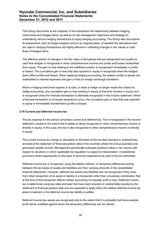 Hyundai Commercial, Inc. and Subsidiaries
Notes to the Consolidated Financial Statements
December 31, 2012 and 2011


  The Group documents at the inception of the transaction the relationship between hedging
  instruments and hedged items, as well as its risk management objectives and strategy for
  undertaking various hedging transactions to apply hedging accounting. The Group also documents
  its assessment, both at hedge inception and on an ongoing basis, of whether the derivatives that
  are used in hedging transactions are highly effective in offsetting changes in fair values or cash
  flows of hedged items.


  The effective portion of changes in the fair value of derivatives that are designated and qualify as
  cash flow hedges is recognized in other comprehensive income and profits and losses reclassified
  from equity. The gain or loss relating to the ineffective portion is recognized immediately in profits
  or losses. The cumulative gain or loss that was reported in equity is recognized when the hedged
  items affect profits and losses. When applying hedging accounting, the relative profits or losses are
  reclassified to interest expenses and gain or loss on foreign exchange translation.


  When a hedging instrument expires or is sold, or when a hedge no longer meets the criteria for
  hedge accounting, any cumulative gain or loss existing in equity at that time remains in equity and
  is recognized when the forecast transaction is ultimately recognized in the income statement. When
  a forecast transaction is no longer expected to occur, the cumulative gain or loss that was reported
  in equity is immediately transferred to profits or losses.


2.19 Current and deferred income tax


  The tax expense for the period comprises current and deferred tax. Tax is recognized in the income
  statement, except to the extent that it relates to items recognized in other comprehensive income or
  directly in equity. In this case, the tax is also recognized in other comprehensive income or directly
  in equity.


  The current income tax charge is calculated on the basis of the tax laws enacted or substantively
  enacted at the statement of financial position date in the countries where the Group operates and
  generates taxable income. Management periodically evaluates positions taken in tax returns with
  respect to situations in which applicable tax regulation is subject to interpretation. It establishes
  provisions where appropriate on the basis of amounts expected to be paid to the tax authorities.


  Deferred income tax is recognized, using the liability method, on temporary differences arising
  between the tax bases of assets and liabilities and their carrying amounts in the consolidated
  financial statements. However, deferred tax assets and liabilities are not recognized if they arise
  from initial recognition of an asset or liability in a transaction other than a business combination that
  at the time of the transaction affects neither accounting nor taxable profit or loss. Deferred income
  tax is determined using tax rates and laws that have been enacted or substantially enacted by the
  statement of financial position date and are expected to apply when the related deferred income tax
  asset is realized or the deferred income tax liability is settled.


  Deferred income tax assets are recognized only to the extent that it is probable that future taxable
  profit will be available against which the temporary differences can be utilized.



                                                     24
 