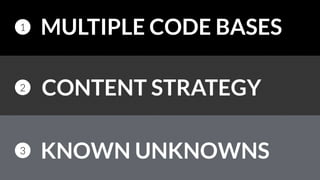 MULTIPLE CODE BASES1
CONTENT STRATEGY2
KNOWN UNKNOWNS3
 