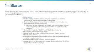 1 - Starter
Starter Service: For customers who want a basic Infrastructure to accelerate time to value when adopting Nutanix HCI as
your virtualization platform.
J U N E 2 0 2 2 | C O N F I D E N T I A L
| 4
 
