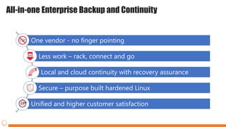 One vendor - no finger pointing
Less work – rack, connect and go
Local and cloud continuity with recovery assurance
Secure – purpose built hardened Linux
Unified and higher customer satisfaction
All-in-one Enterprise Backup and Continuity
 
